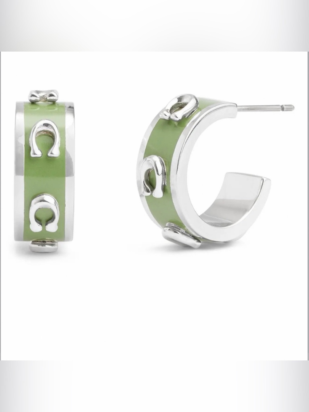 Coach Green Enamel Silver-Tone Huggie Hoop Earrings.